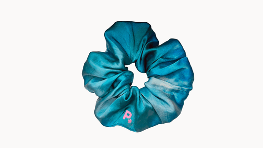 100% handmade stretch silk scrunchie in multi blue dye design