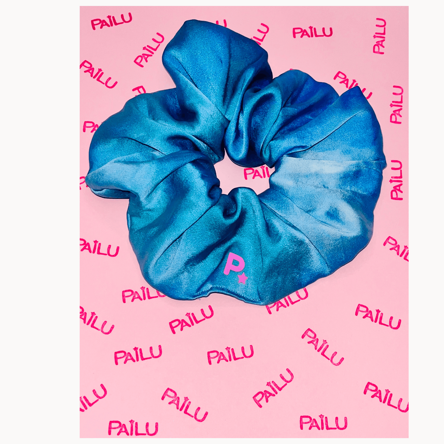 100% handmade stretch silk scrunchie in multi blue dye design