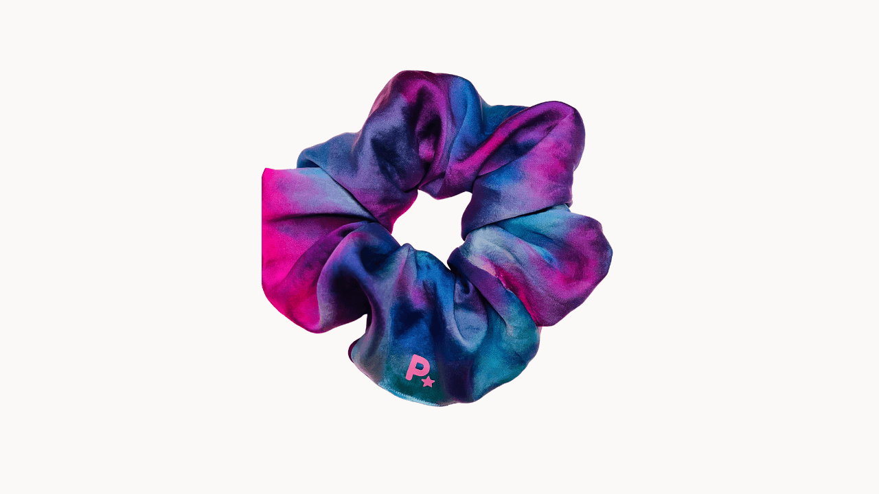 100% handmade stretch silk scrunchie in purple tie-dye design